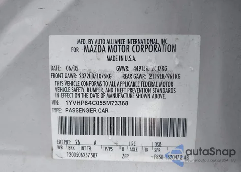 2005 Mazda Mazda6 I Sport z USA, uszkodzony, nr VIN 1YVHP84C055M73368